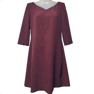 MM. Lafleur Maroon Plum Shift Sheath Dress Size 6 V-Neck 3/4 Sleeves Knee Length